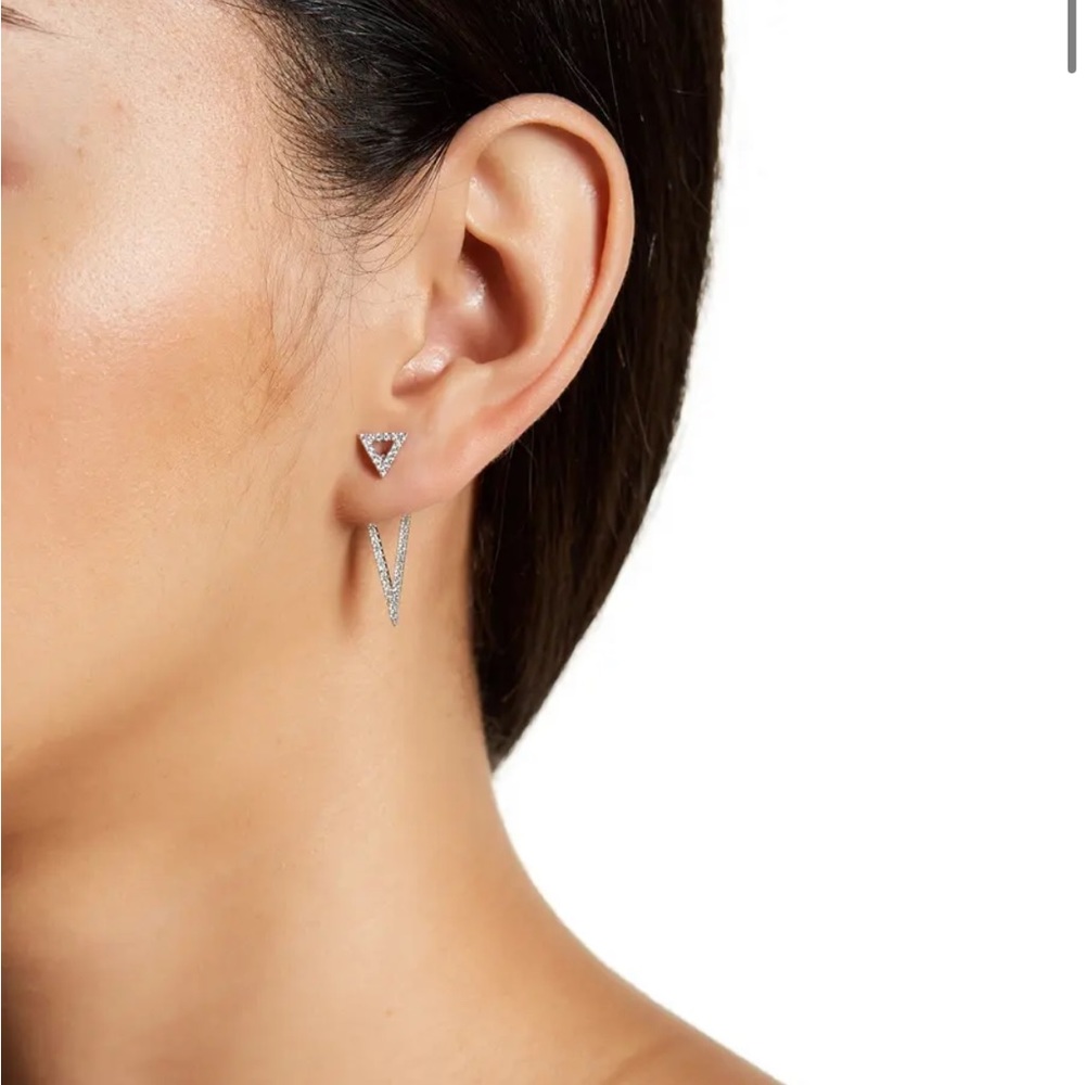 White Rhodium Plated Swarovski Crystal Accented Double Triangle Post Earrings.